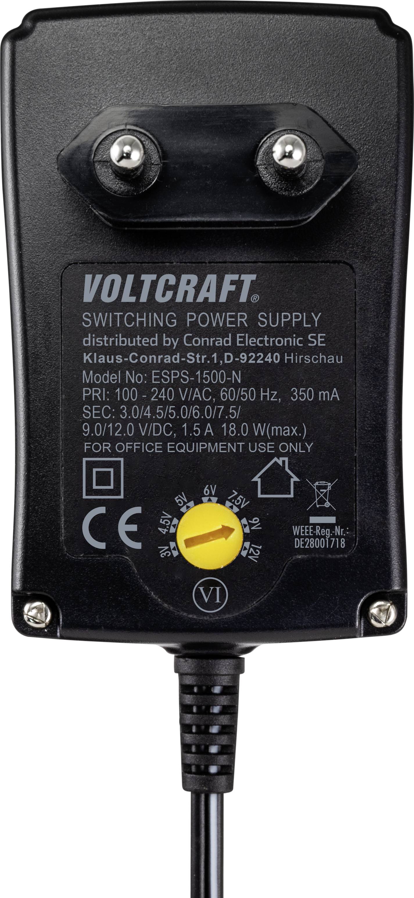 Zwart Voltcraft voedingsapparaat met twee schroeven, model-nr. ESPY-1500-N. Ingang 100-240 V, uitgang 9-15 V, 350 mA, voor gebruik binnenshuis.