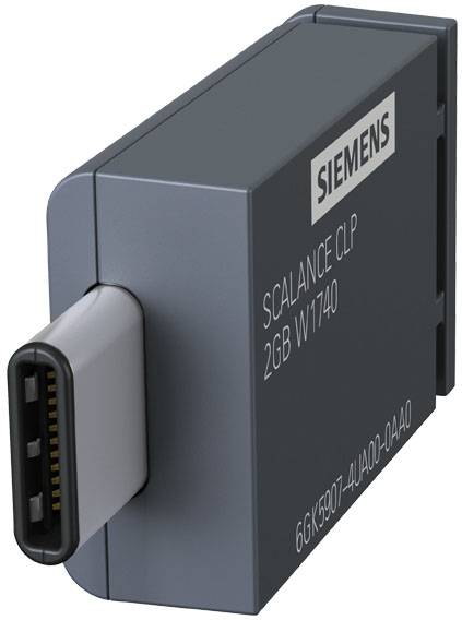 Een compacte Siemens-geheugenkaard met de opdruk 'SCALANCE CLP 2GB WT1740' en een USB-C-aansluiting aan de zijkant.