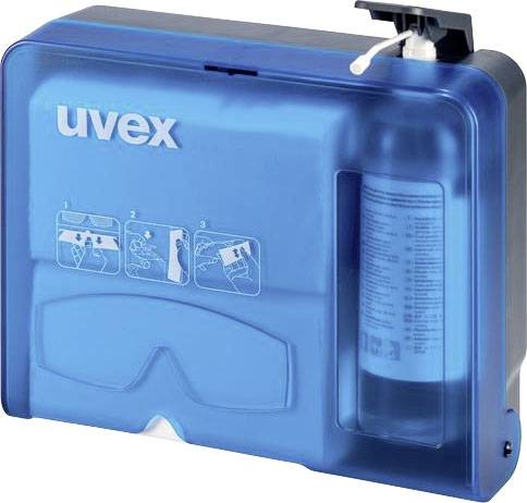 Blauwe oogdouche-station met wit 'uvex'-logo en transparente fles voor oogspoeling. Gebruiksinstructies zijn afgebeeld.