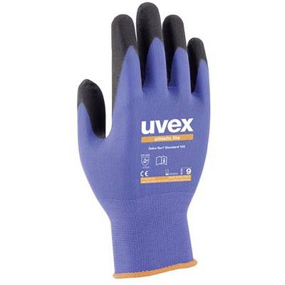 Blauwe werkhandschoenen van Uvex, model 'athletic lite', met zwarte vingertoppen en handpalm, geschikt voor industriële toepassingen.