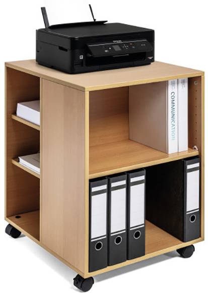 Een mobiele houten kast met meerdere vakken, waarop een printer staat. Bevat mappen en papierstapels voor organisatie.