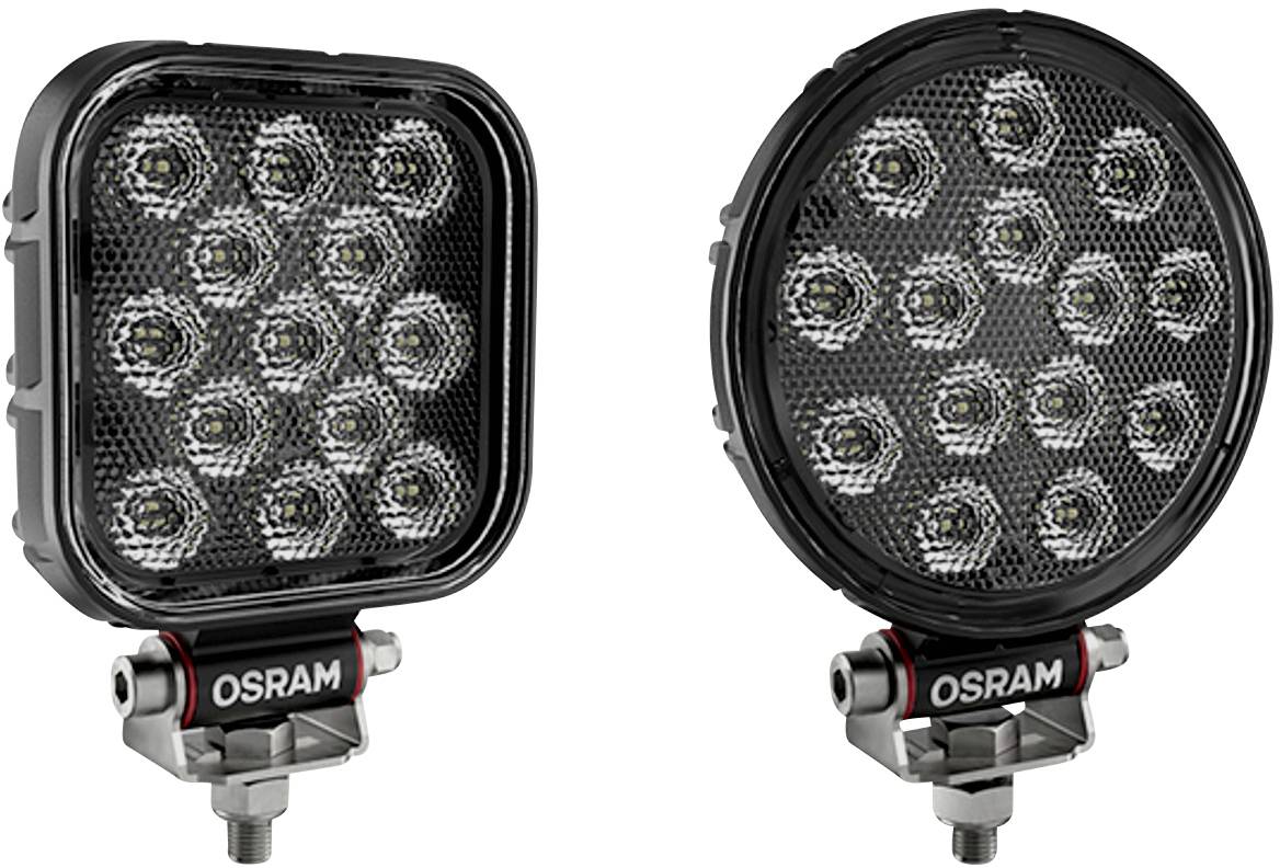 'OSRAM Werklampen' zijn twee LED-lampen, een vierkant, de andere rond, beide met meerdere LED-lichten en bevestigingen.