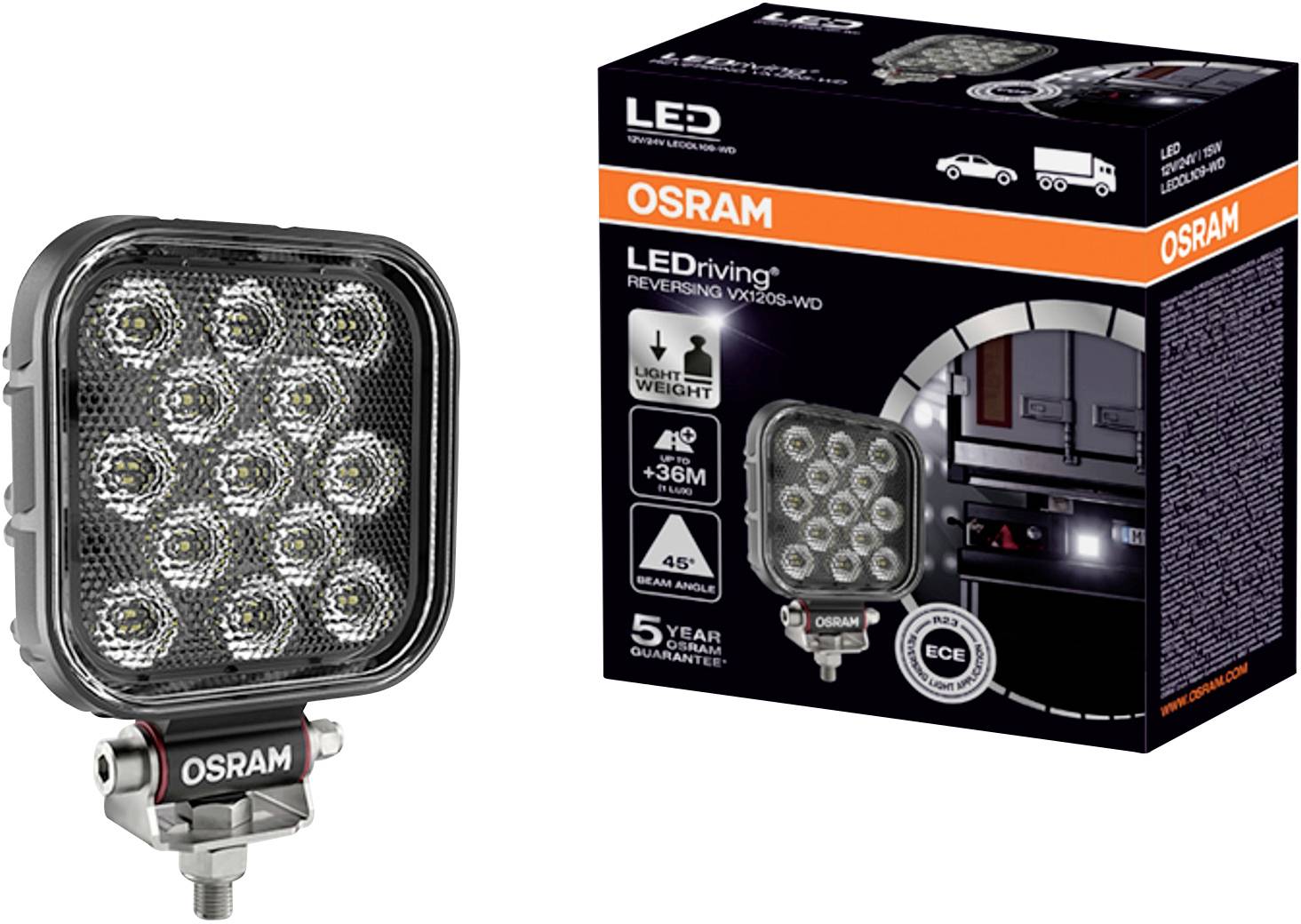 'OSRAM LEDriving Achteruitrijlicht' met negen LED's, zwarte behuizing en 45° verlichtingshoek. Verpakking toont toepassing in voertuig.