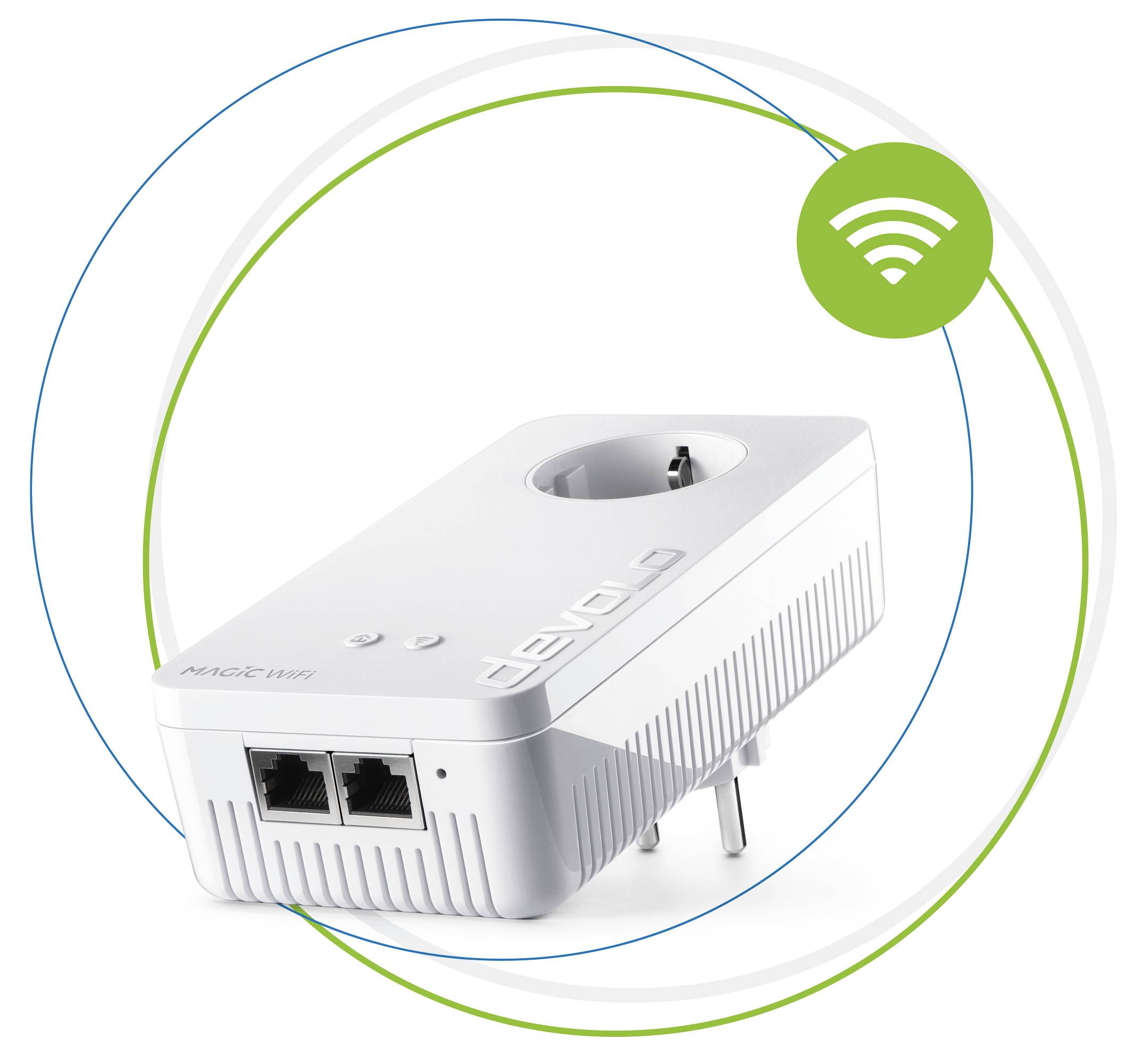 Stekkerdoos-adapter met WiFi-symbool, toont een netwerkaansluiting met twee Ethernet-poorten en geïntegreerd stopcontact.