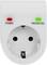Een witte wandcontactdoos met twee controlelampjes; de rode brandt boven 'Power', de groene boven 'Protected'.