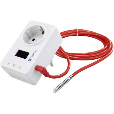 Stopcontact met digitaal thermostaat en rood temperatuursensorkabel, geschikt voor temperatuurcontrole en -regeling van elektrische apparaten.