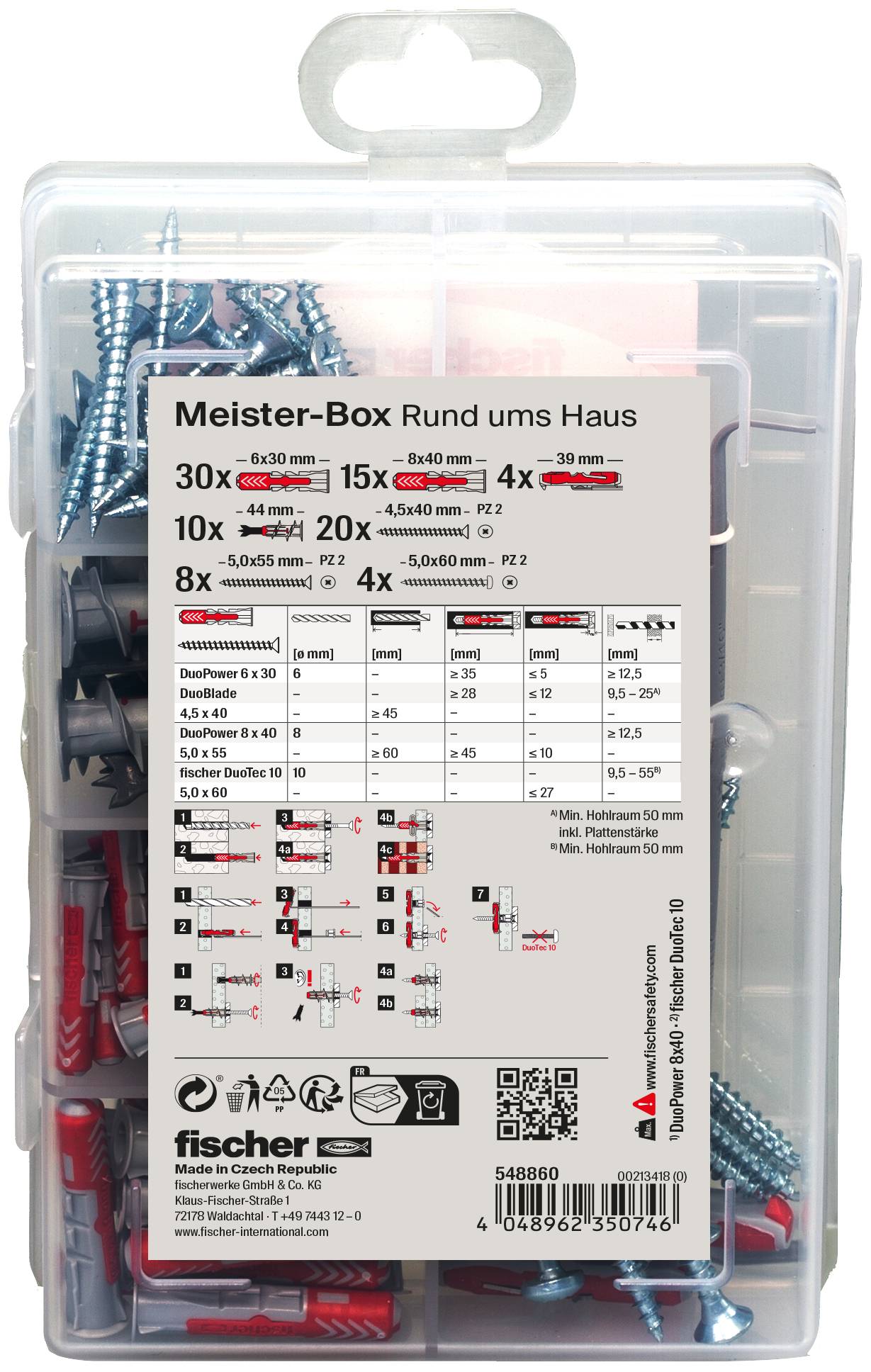 Doorzichtige plastic organisatiedoos met Fischer schroeven en wandpluggen, gelabeld 'Meister-Box Rund ums Haus' met assorteerde bevestigingsmiddelen zichtbaar binnenin.
