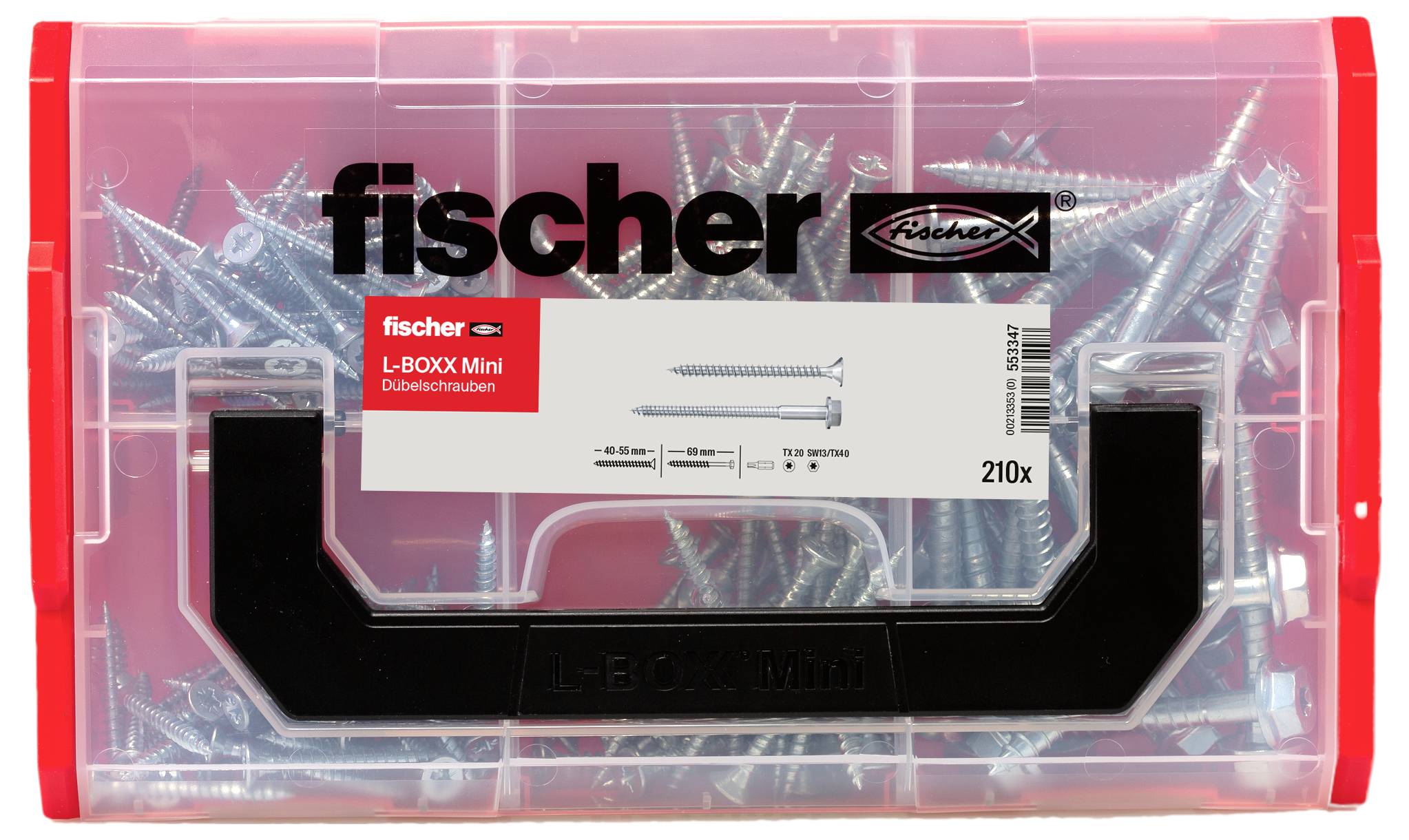 Een transparante kunststof doos van Fischer met meerdere schroeven erin. De doos is gelabeld met 'L-BOXX Mini' en bevat 210 stuks.