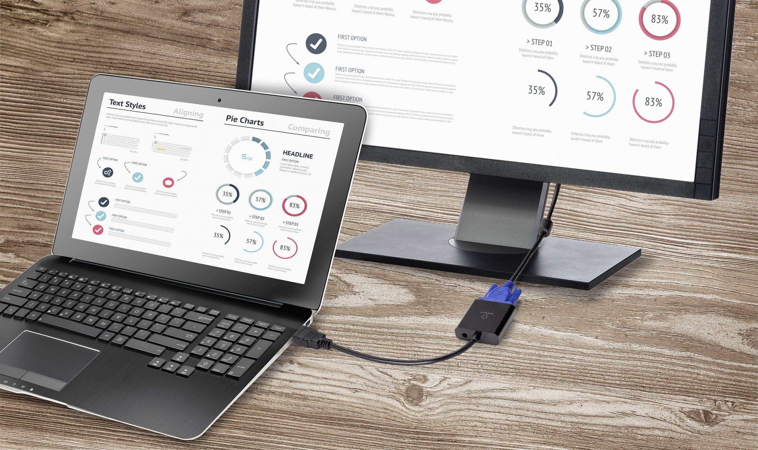 Een laptop en een monitor zijn via een kabel met elkaar verbonden. Op beide schermen worden diagrammen en statistieken weergegeven.