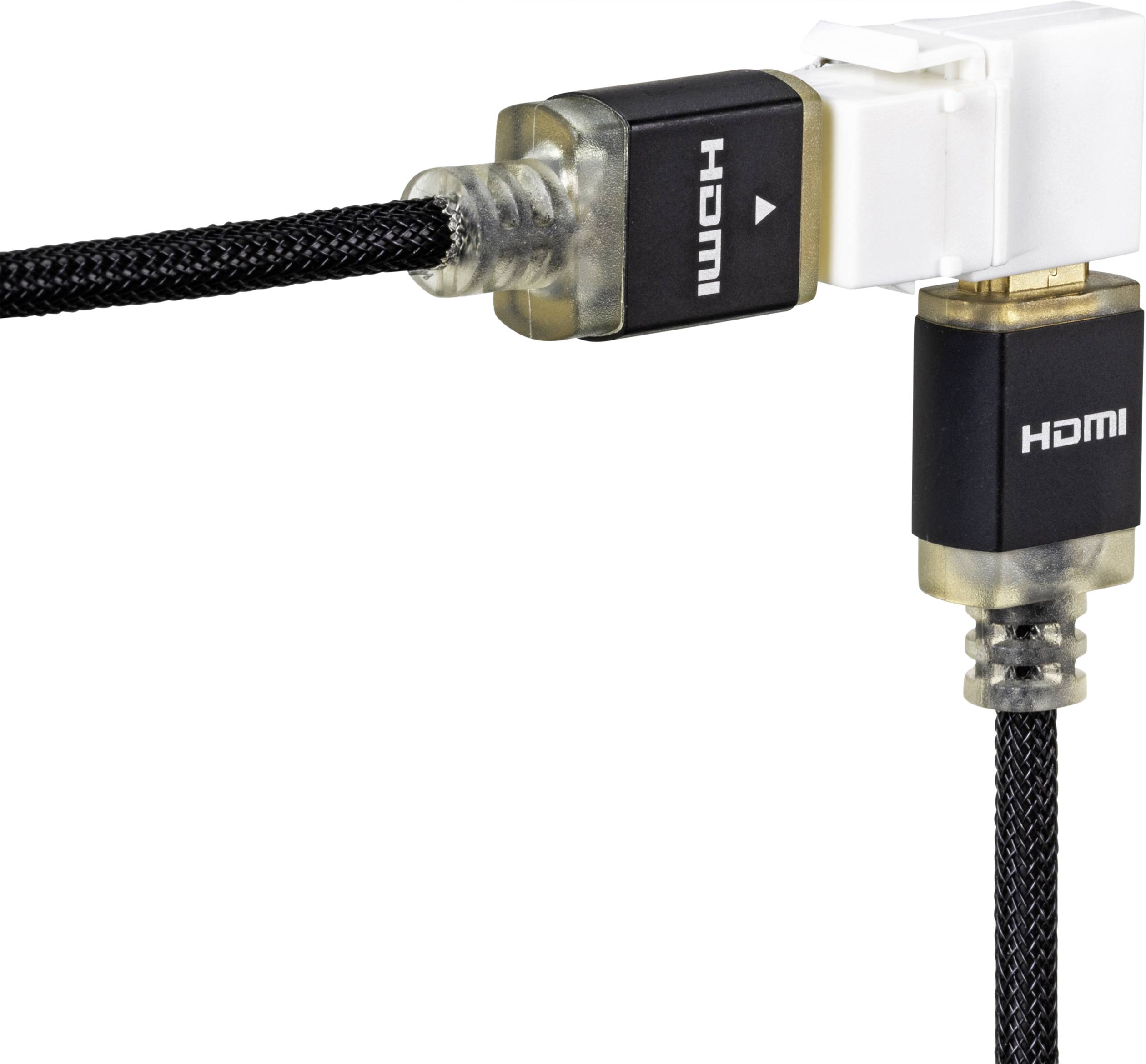 Twee HDMI-kabels met zwarte omvlechting zijn verbonden met een witte haakse adapter die de uitlijning met 90 graden verandert.