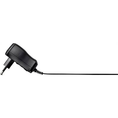 Zwart netsnoer met een lang kabel, liggend tegen een witte achtergrond.