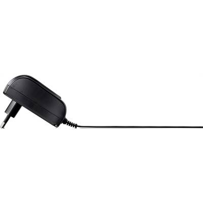 Zwart voedingsadapter met kabel op witte achtergrond, zijaanzicht.