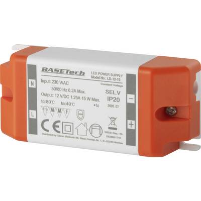 LED-driver in rood behuizing. Opdruk toont technische specificaties: Ingang 230V AC, Uitgang 12V DC, 15W. Merknaam 'BASETech'.