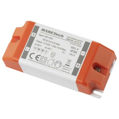 Netvoeding van Basetech, model LD-12-15, 230 VAC ingang, 12 VDC uitgang, 1,25A, 15W. Beschermingsklasse IP20. Geschikt voor LED-toepassingen.