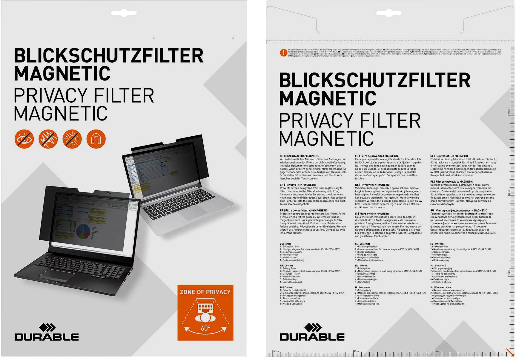 Verpakking voor magnetische privacy-filter voor laptops. Toont laptop met filter, beschermt privacy, eenvoudige installatie.