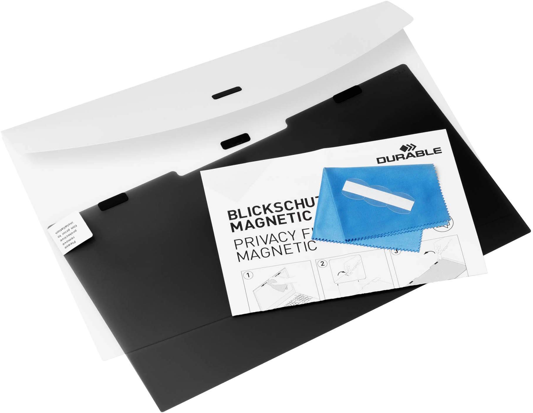 Een privacyfilter voor monitoren van Durable. De verpakking bevat een reinigingsdoekje en een montage-instructie.