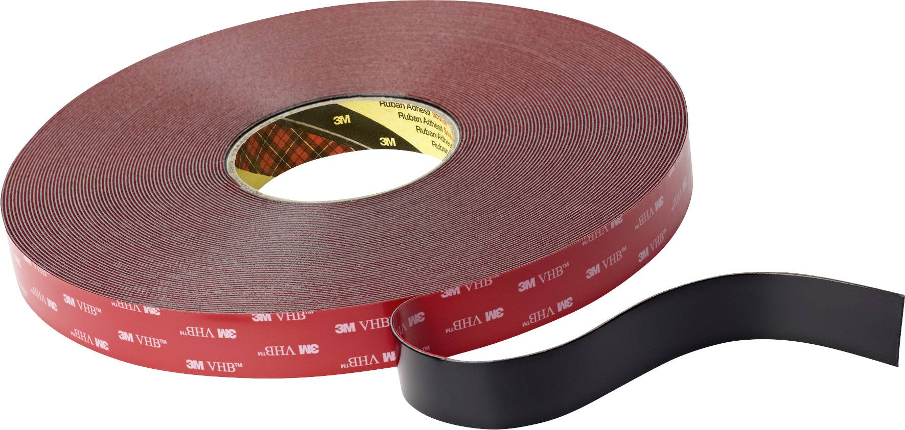 Een rode, dubbelzijdige plakbandrol met het opschrift '3M VHB' en een gereed afneembare kleeflaag.
