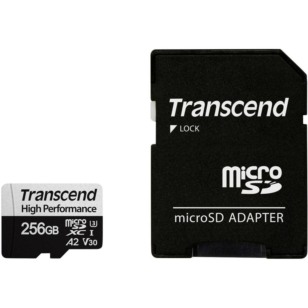 Transcend 330S microSDXC-kaart 256 GB Class 10, UHS-I, UHS-Class 3, v30 Video Speed Class A2-vermogensstandaard, Incl.