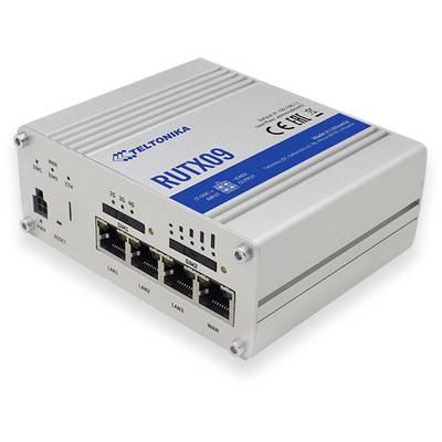 Zwarte Teltonika RUTX09 router/modem weergegeven in driekwartaanzicht met antennes/connectoren aan de zijkant en 'Standaard-IP: 192.168.1.1' op de bovenkant afgedrukt.