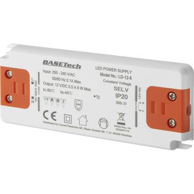 Een LED-driver met de aanduiding 'BASETech LED-voeding'. Modelnummer LD-12-6. Uitgangen: 12 VDC 0,5 A 6 W max. Beschermingsgraad IP20.