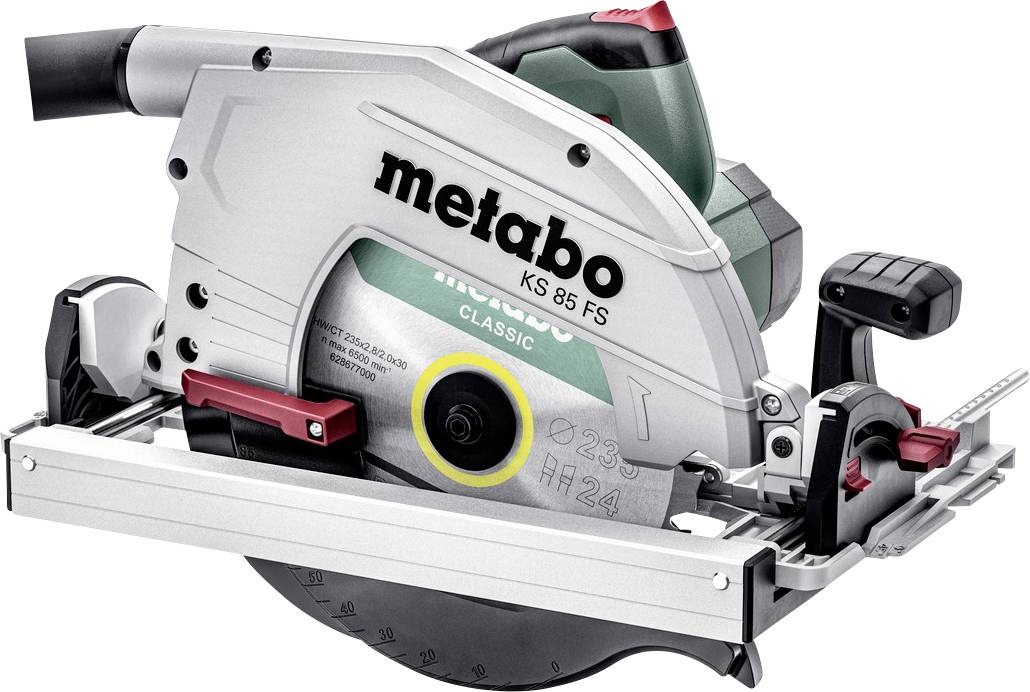 Metabo KS 85 FS cirkelzaag met geleiderail en zaagbescherming, weergegeven in zijvue op een witte achtergrond.