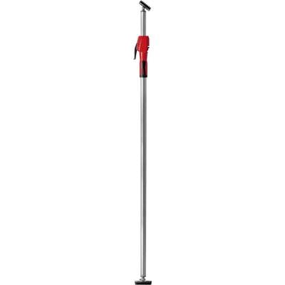 Een rode telescopische staaf met een grijs middendeel en een zwarte handgreep bovenaan, gebruikt ter ondersteuning van zware voorwerpen tijdens het monteren.