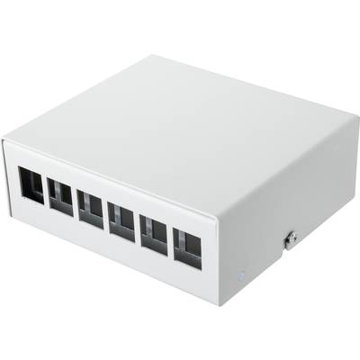 Zilveren metalen behuizing met zes rechthoekige openingen aan de voorkant, geschikt voor elektronische componenten of netwerkapparatuur.