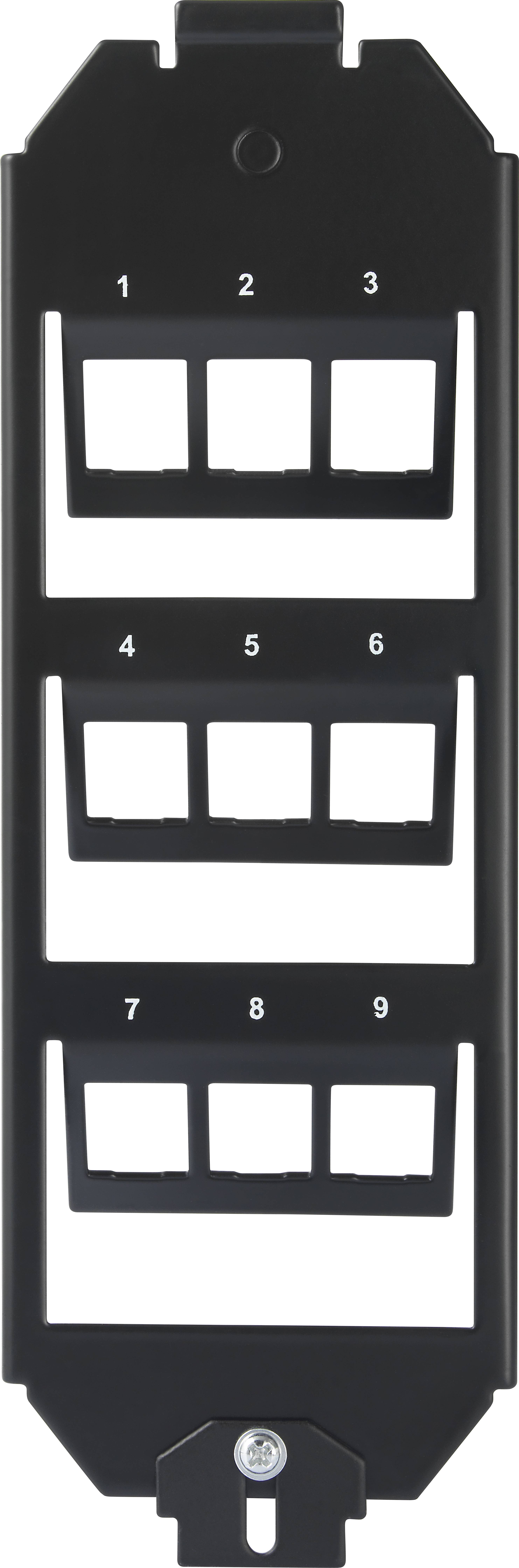 Een zwarte patchpanel-beugel met negen genummerde aansluitvelden in drie rijen, geschikt voor kabelverbindingen in netwerkapparatuur.