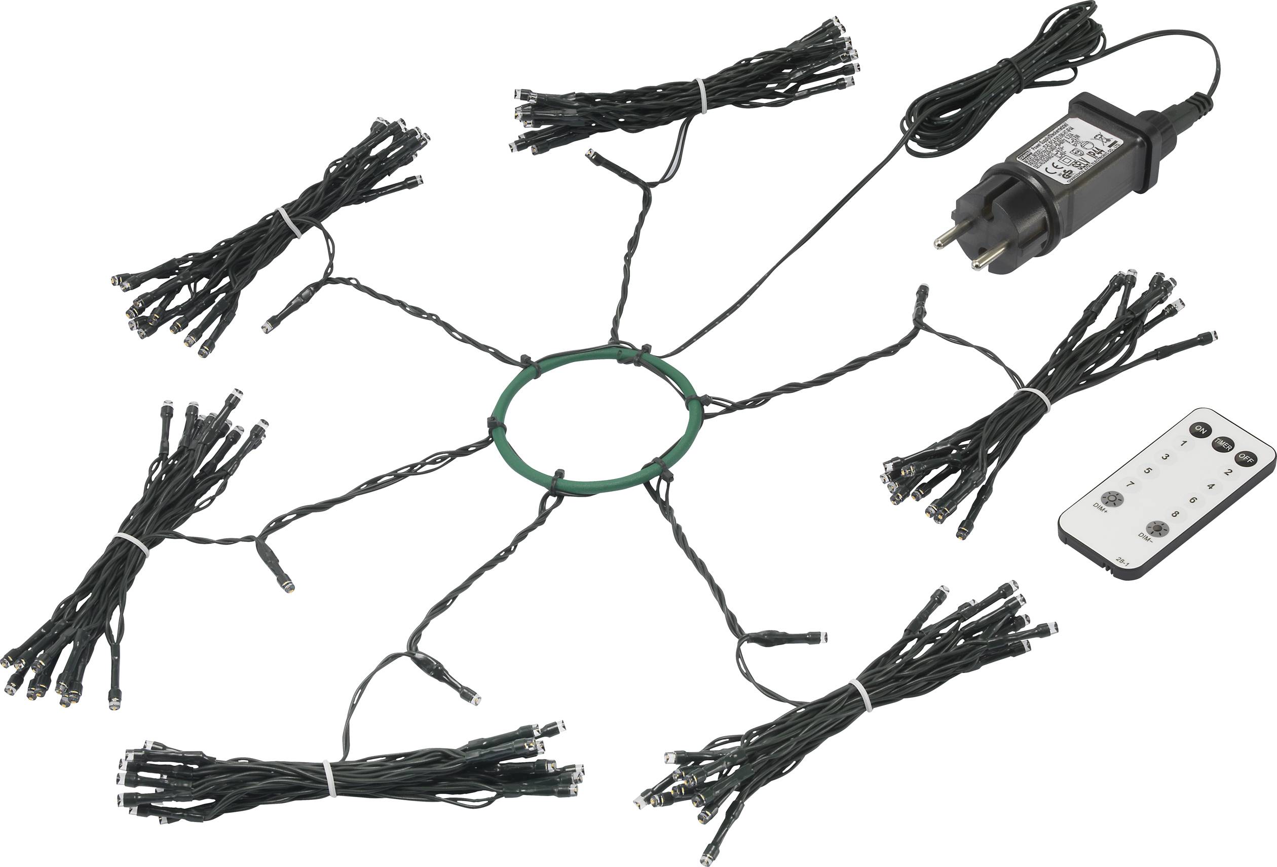 Lichtsnoer met meerdere strengen en stekker, inclusief afstandsbediening, in stervormige opstelling rond een groene ring.