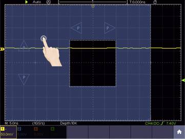Een grafische gebruikersinterface toont een oscilloscoop met een hand die een gebaar maakt op het scherm.