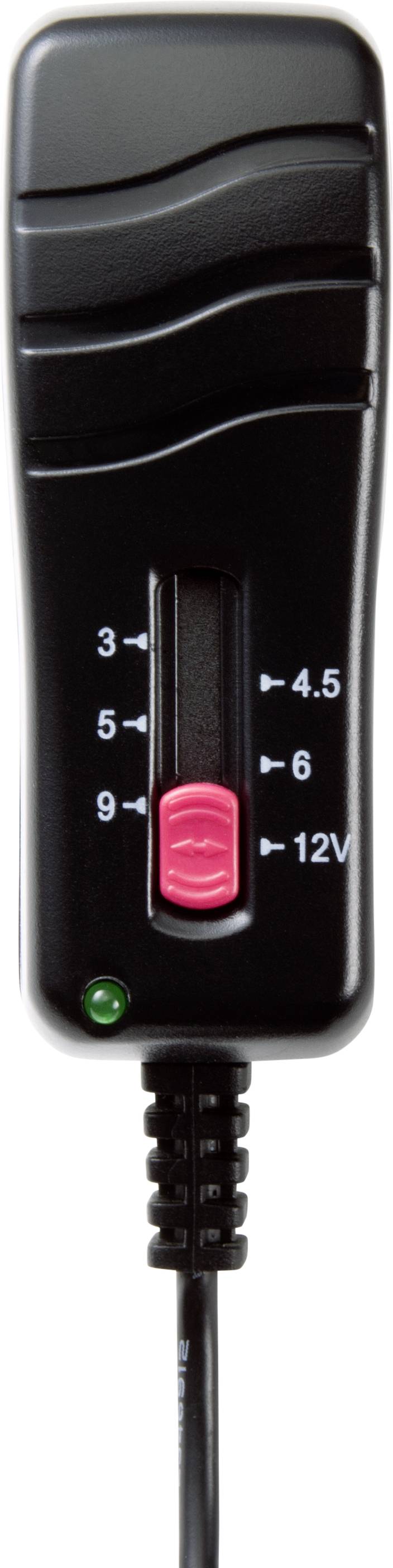 Een zwarte spanningsadapter met een schuifregelaar, waarbij de rode knop op 12V staat. Aan de onderkant bevindt zich een aansluitkabel.
