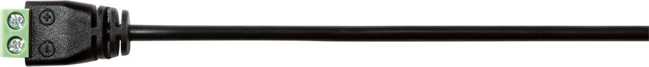 Zwart kabel met rechthoekige stekker en groene aansluitklem, twee schroeven zichtbaar.