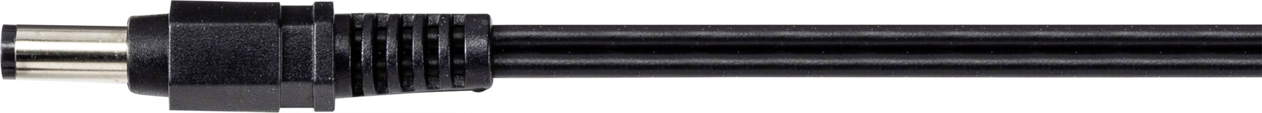 'Zwart, golvend kabel met metalen stekker rechts in beeld. De stekker heeft een cilindrische vorm, geschikt voor elektronische apparaten.'