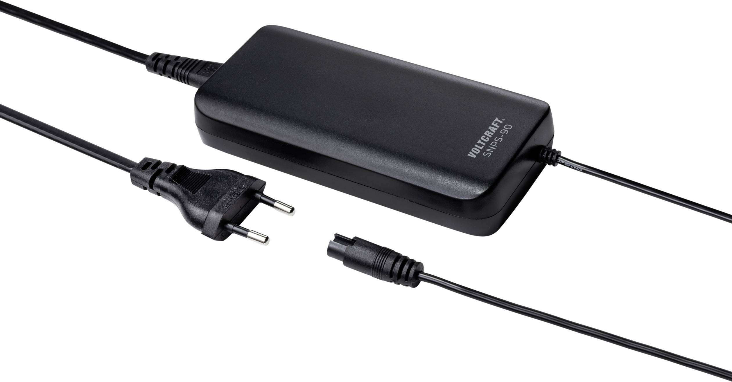 Zwart netsnoer met kabel en EU-stekker voor elektronische apparaten. Beschikt over een ronde uitgangsaansluiting.