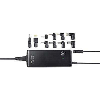 Een zwarte voeding van het merk 'Voltcraft' met negen verschillende aansluitadapters om apparaten met verschillende stekkertypen van stroom te voorzien.