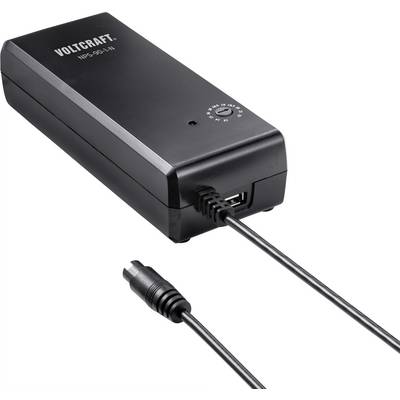 Compact zwart voedingsapparaat 'Voltcraft NPS-90-3M' met aangesloten kabel en USB-aansluiting, geschikt voor elektronische apparaten.