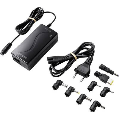 Een zwarte universele voedingsadapter met meerdere adapterstekkers en een stroomkabel. Geschikt voor verschillende elektronische apparaten.