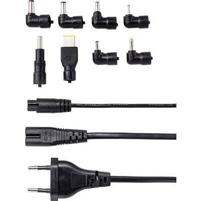 Verschillende stekeradapters en kabels voor elektronische apparaten. Bovenaan worden negen adapterstekkers getoond, daaronder twee kabels met stekkerverbindingen.