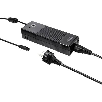 Zwart stroomadapter met twee kabels; één met EU-stekker, de andere met een ronde aansluiting. Een USB-aansluiting bevindt zich aan de zijkant.