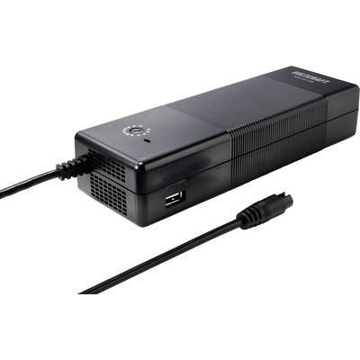 Zwart laptopvoedingsadapter met USB-poort, ventilatiesleuven en netsnoer. Geschikt voor mobiel gebruik en energievoorziening.