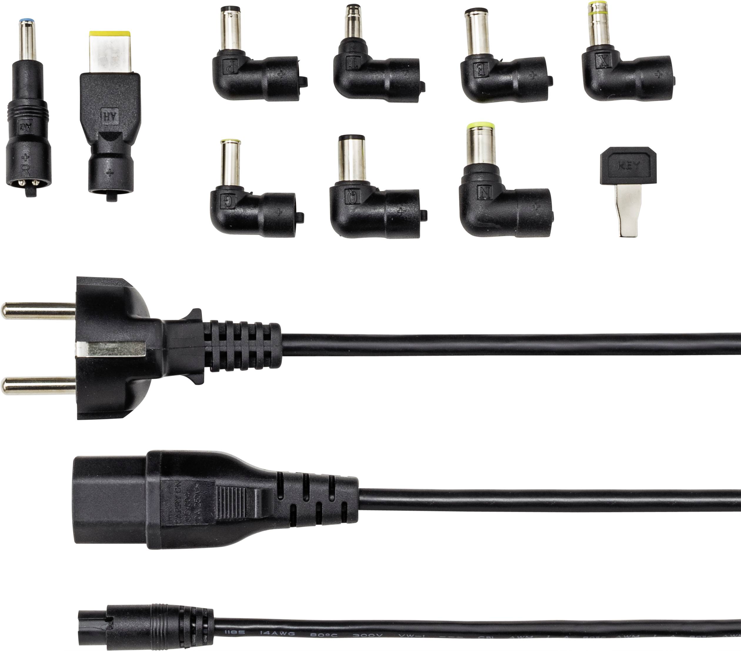 Verschillende netadapters en stekkeropzetstukken in verschillende vormen en maten, onderaan langere kabels met stekkers voor stroomvoorziening.