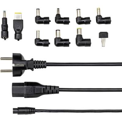 Verschillende netadapters en stekkeropzetstukken in verschillende vormen en maten, onderaan langere kabels met stekkers voor stroomvoorziening.