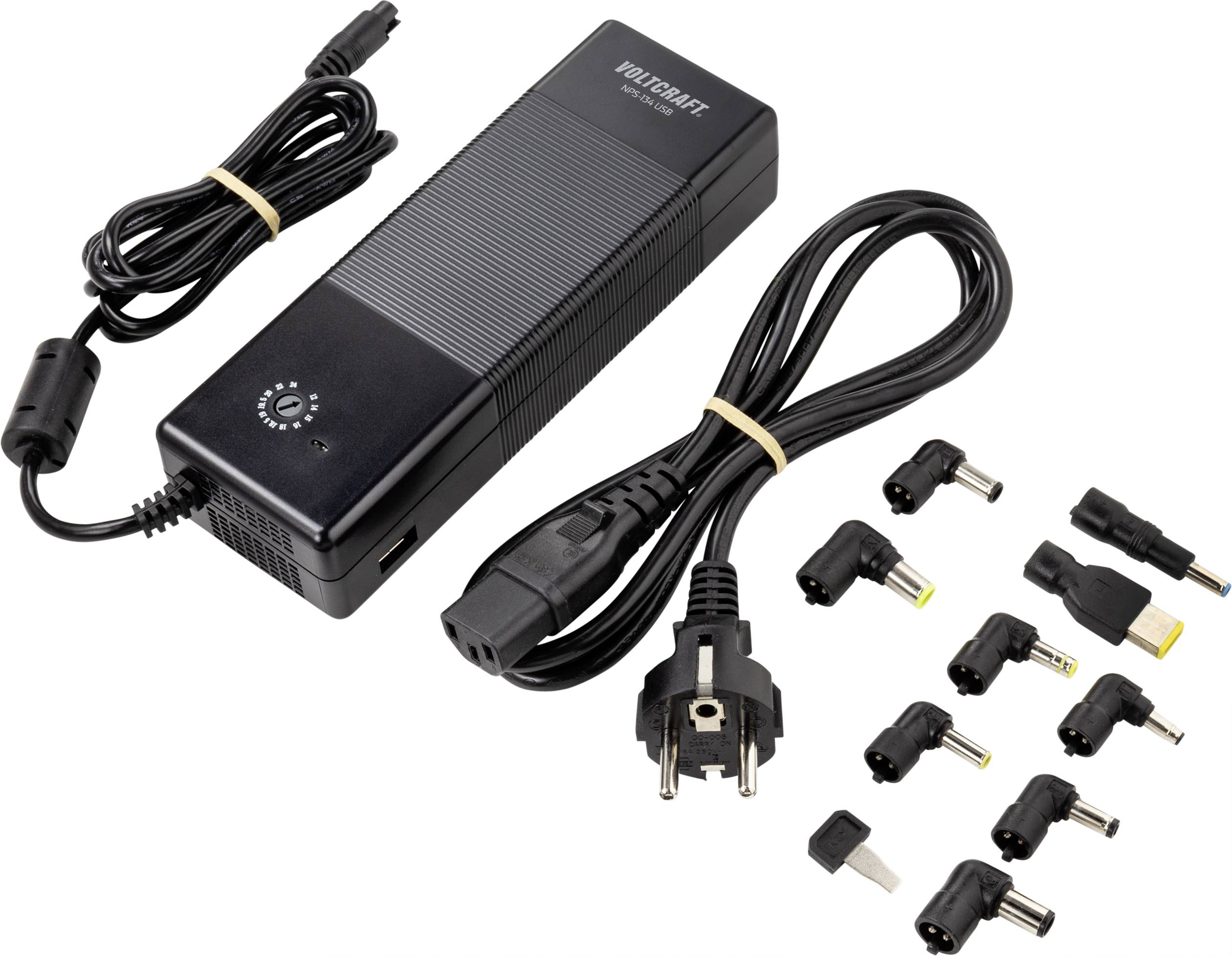 Universeel laptopvoedingsadapter met verschillende verwisselbare adapterkoppen; toont spanningsregelmogelijkheden en stroomkabel.