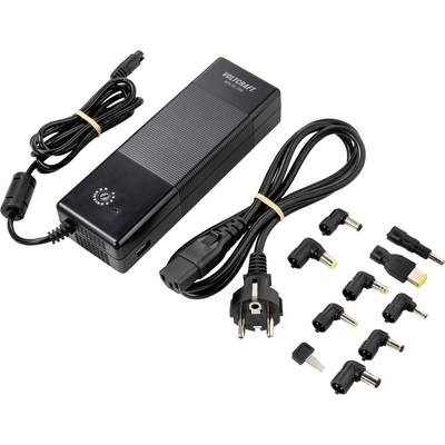 Universeel laptopvoedingsadapter met verschillende verwisselbare adapterkoppen; toont spanningsregelmogelijkheden en stroomkabel.