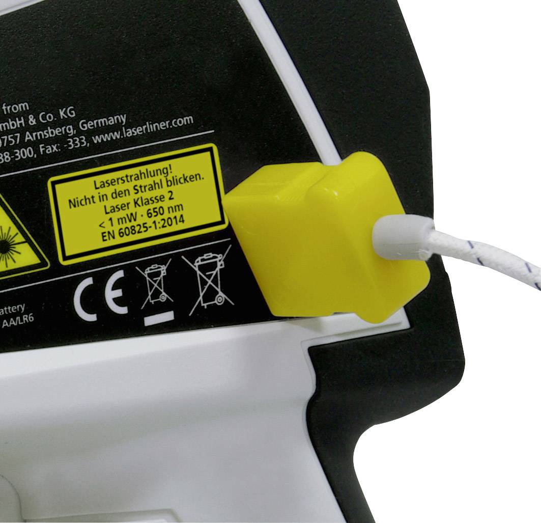 Lasertoestel met gele waarschuwingssticker: 'Laserstraling! Niet in de straal kijken. Laserklasse 2'. Kabel aangesloten.