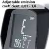 Digitaal display toont 'E' boven een getal, met het opschrift: 'Instelbare emissiefactor: 0,01 - 1,0'.