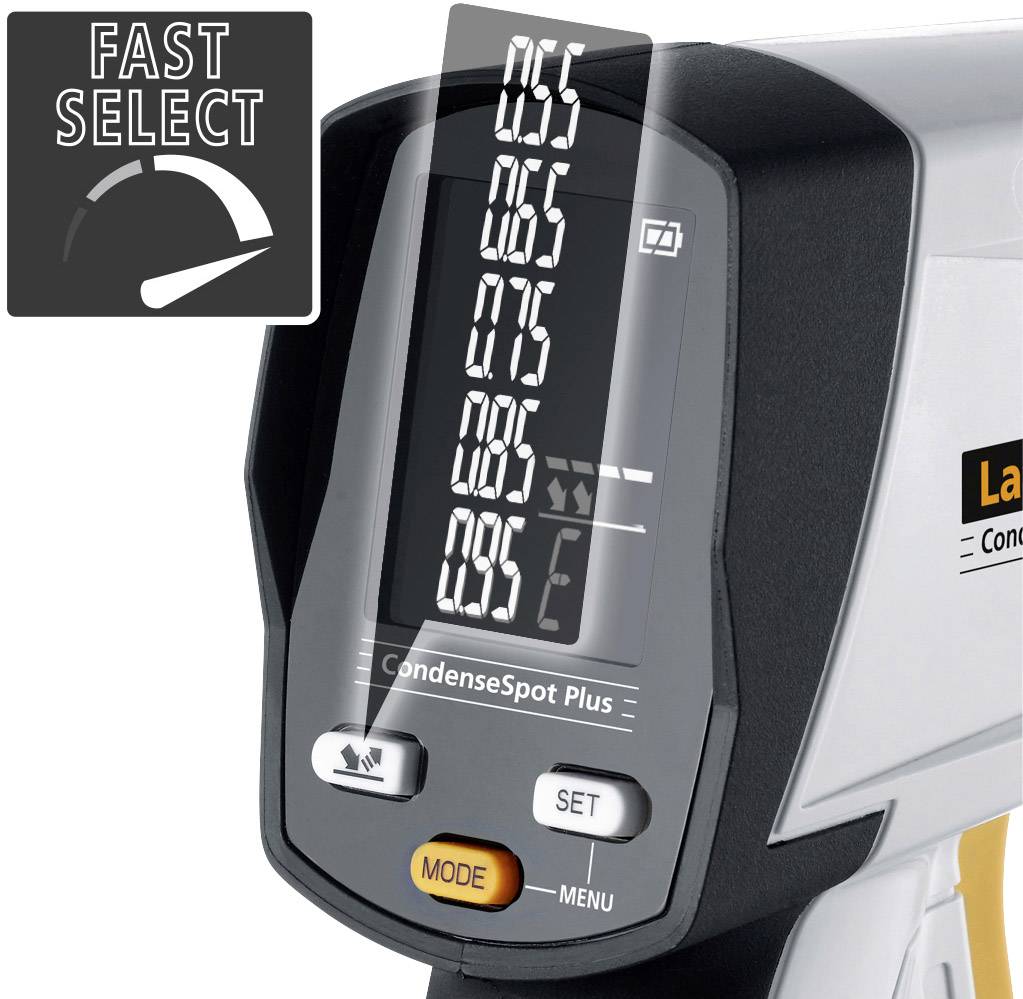 Digitaal laserthermometer met weergave op het scherm. Links bovenaan het symbool 'FAST SELECT'.