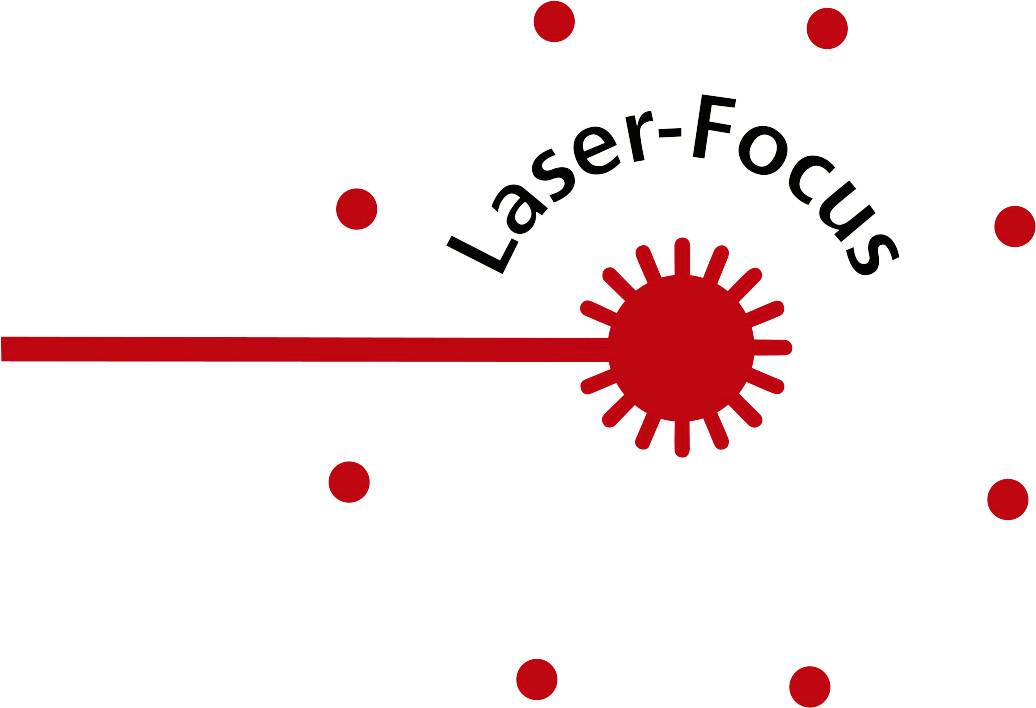 Rode punt met stralen en de tekst 'Laser-Focus', omringd door kleinere rode punten op een witte achtergrond.
