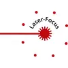 Rode punt met stralen en de tekst 'Laser-Focus', omringd door kleinere rode punten op een witte achtergrond.