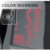 Weergavescherm met waarschuwingsindicatie: 'HEAL HI' en 57°C in het rood, naast een oogpictogram met uitroepteken en tekst 'KLEURWAARSCHUWING'.